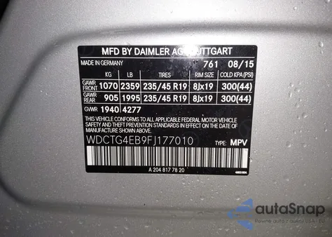 2015 Mercedes-Benz Gla 250 from USA, damaged, VIN WDCTG4EB9FJ177010